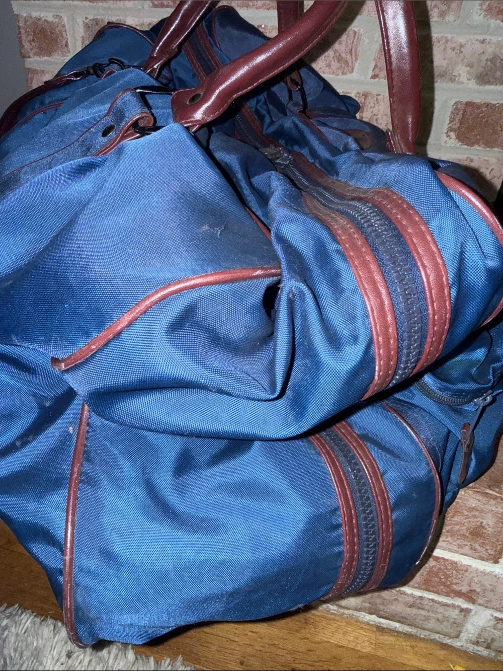 YSL Leather-Trim Navy Duffel Bag with Burgundy Accents